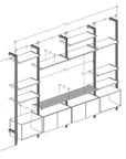 Harmony four-bay media unit with Casting Light shelves and white vertical posts, four bays, shown with open shelf levels.