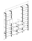 Four-bay media center shelving unit with white shelves and white vertical posts, four bays, shown with open shelf levels.