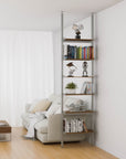 Aluminaire floor-to-ceiling room divider shelving unit with wood-look aluminum shelves, satin vertical posts, one bay, 24-inch bay width, and six open shelf levels.