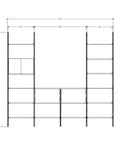 Four-bay media center shelving unit with black shelves and white vertical posts, four bays, shown with open shelf levels.