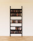 DVD media storage shelving unit with black shelves and black vertical posts, one bay, 31-inch shelf width, shown with open media storage shelf levels.