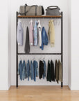 Closet storage system, plus hanger bars, shown with open shelving and one open shelf level.