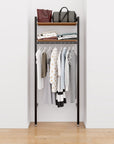 Closet storage system, plus hanger bars, shown with open shelving.