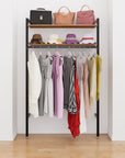 Closet storage system, plus hanger bars, shown with open shelving.