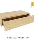 Desk shelving unit with Casting Light shelves and satin vertical posts, shown with desk surface and open shelf levels.