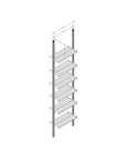 Technical drawing of Aluminaire floor-to-ceiling room divider shelving with wood-look aluminum shelves, one bay, 24-inch bay width, and six open shelf levels.