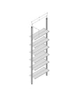 Technical drawing of Aluminaire floor-to-ceiling room divider shelving with wood-look aluminum shelves, one bay, 31-inch bay width, and six open shelf levels.