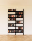 DVD media storage shelving unit with black shelves and black vertical posts, two bays, 24-inch shelf width, shown with open media storage shelf levels.