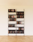 DVD media storage shelving unit with black shelves and satin vertical posts, two bays, 24-inch shelf width, shown with open media storage shelf levels.