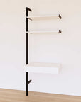 Desk shelving extension with white shelves and black vertical post, shown with desk surface and open shelf levels.