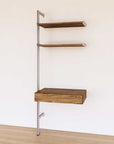 Desk shelving unit with Tea for Two shelves and satin vertical posts, shown with desk surface and open shelf levels.