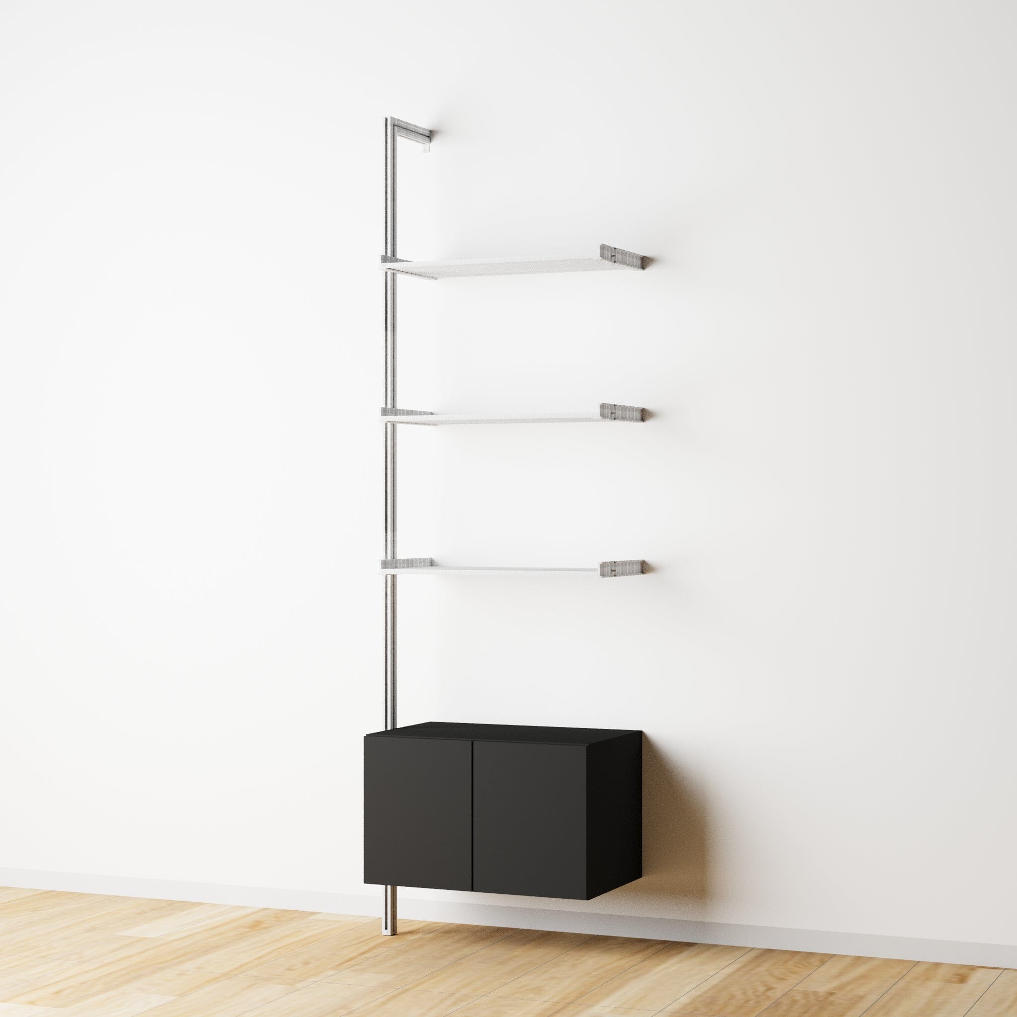 Modular Shelving Units - Aluminum Shelves + Wood Cabinets