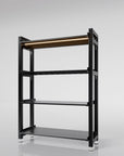 Retail display shelving unit with black shelves and black vertical posts, shown with open shelving.