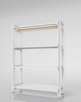 Retail display shelving unit with white shelves and white vertical posts, shown with open shelving.