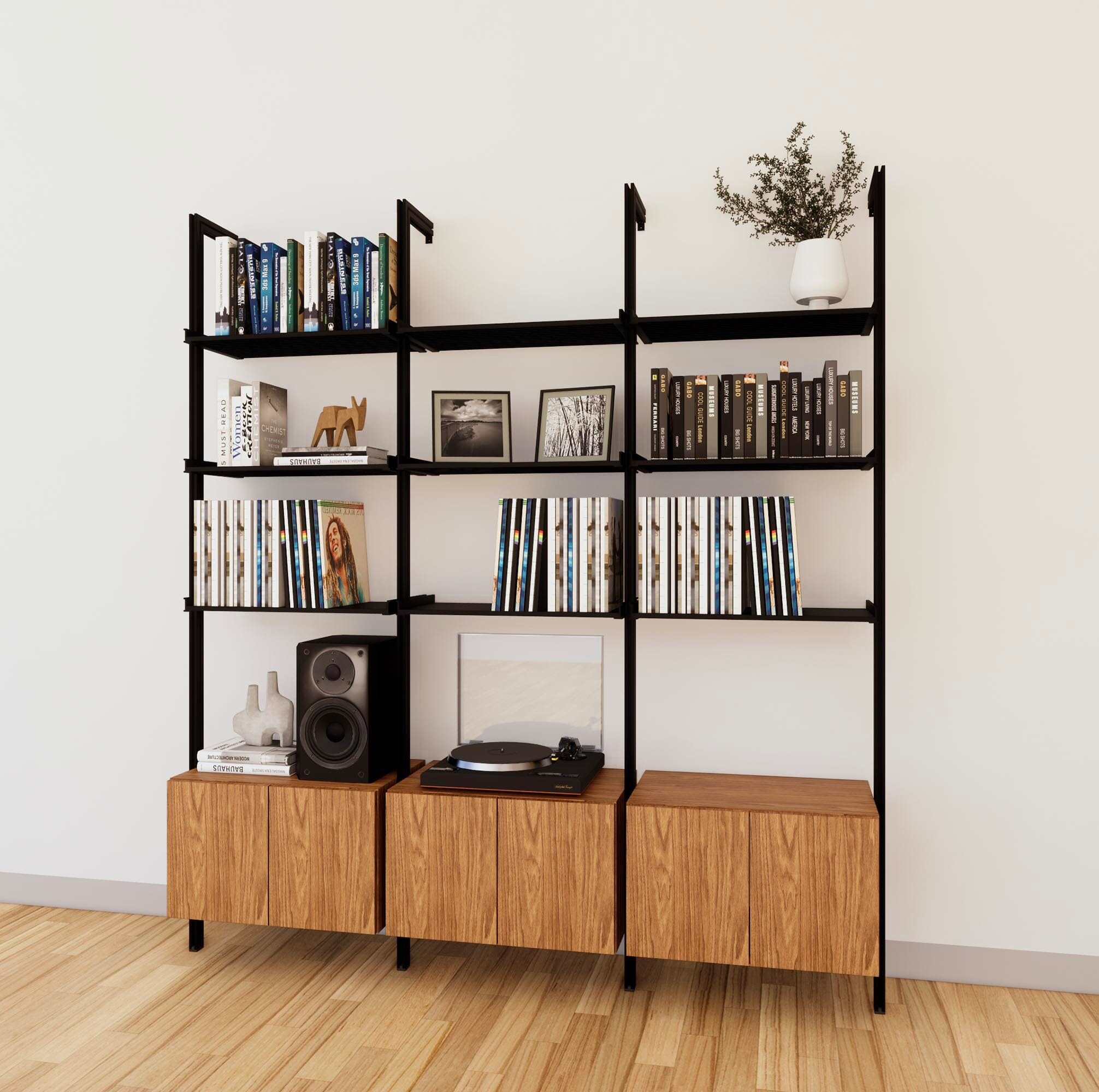 LP Vinyl Media Storage System - Aluminum + Wood Cabinets