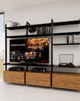 Modular shelving unit with satin and Tea for Two shelves and satin vertical posts.