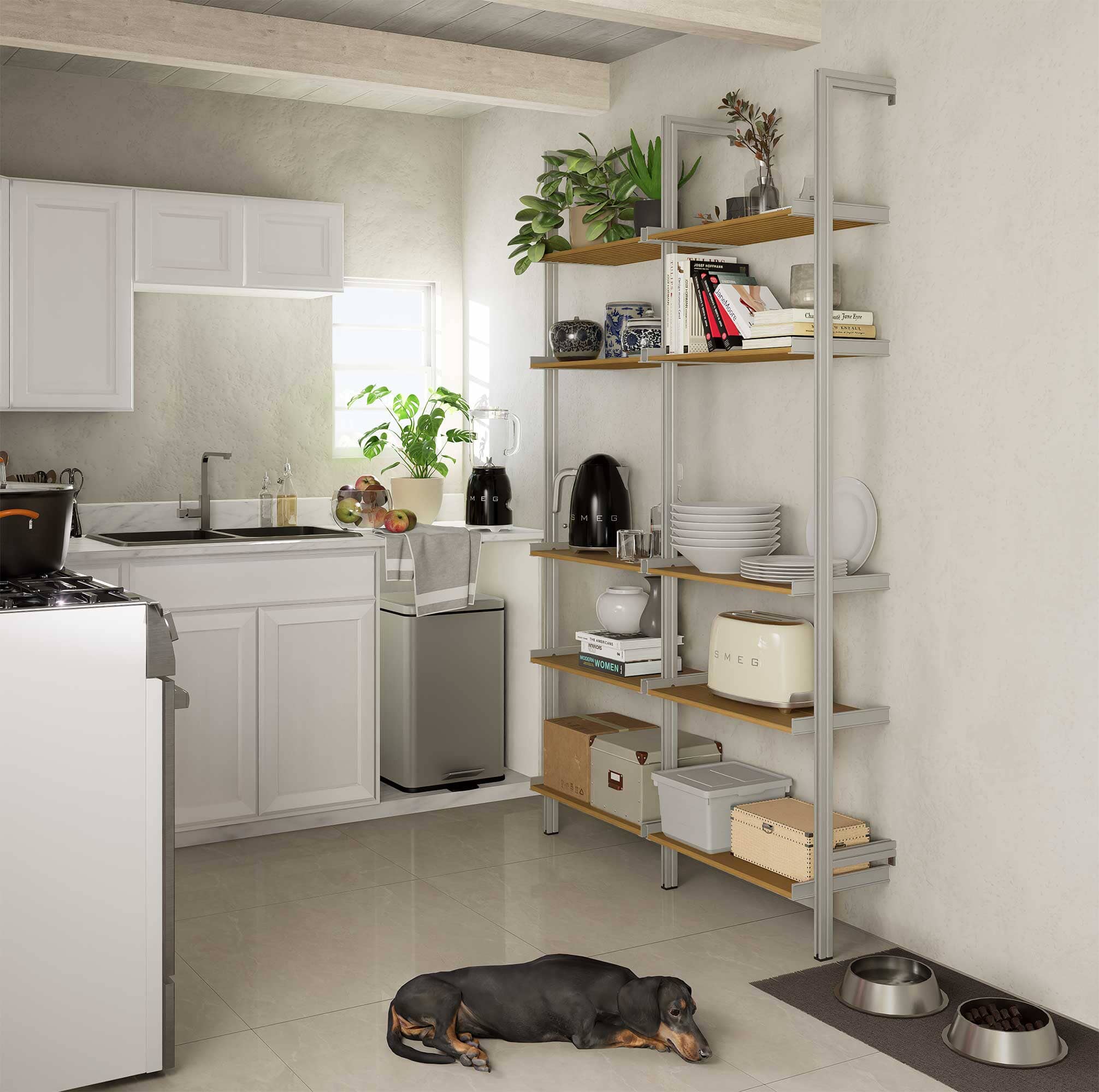 Elegant Aluminaire wall-mounted shelving showcasing books and decor in a cozy home office.