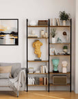 Aluminaire wood inspired modular shelving unit with wood-look aluminum shelves and satin vertical posts, one bay, styled in a modern room.
