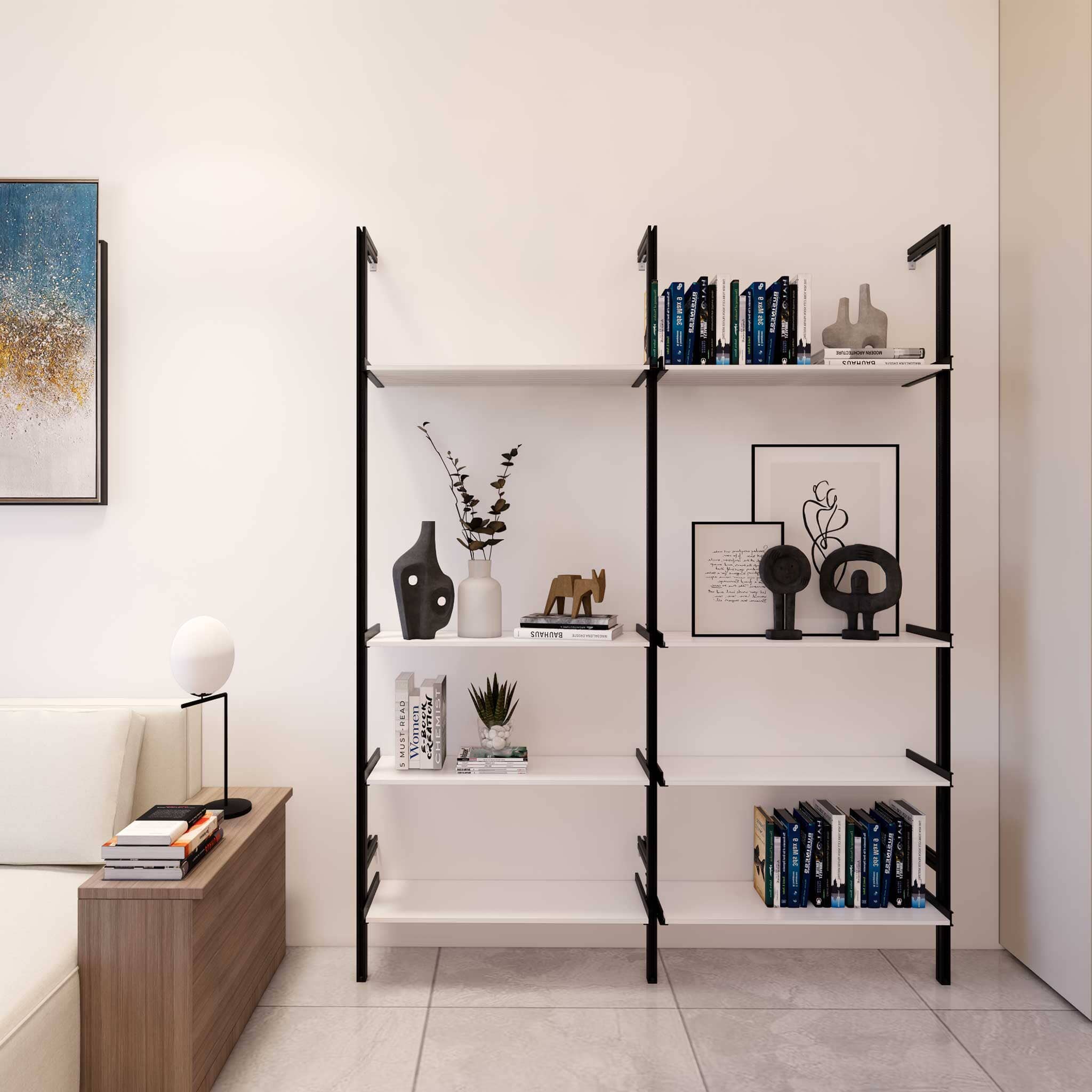 Stylish aluminum modular shelving with books and decor.