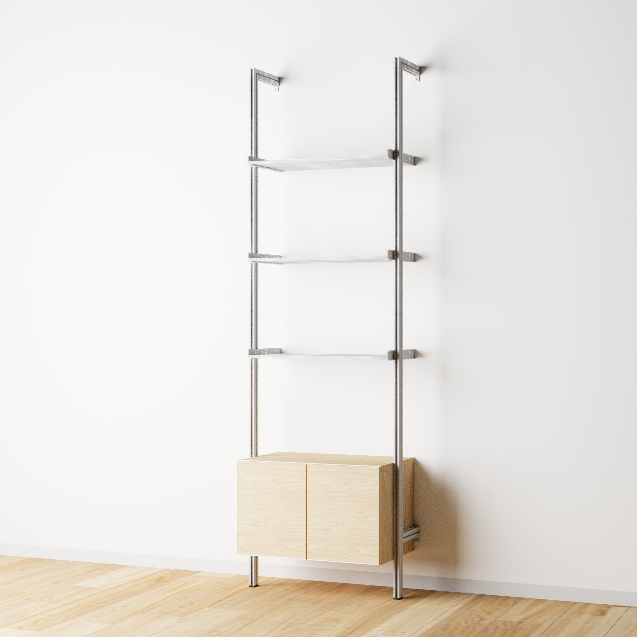 Modular Shelving Units - Aluminum Shelves + Wood Cabinets