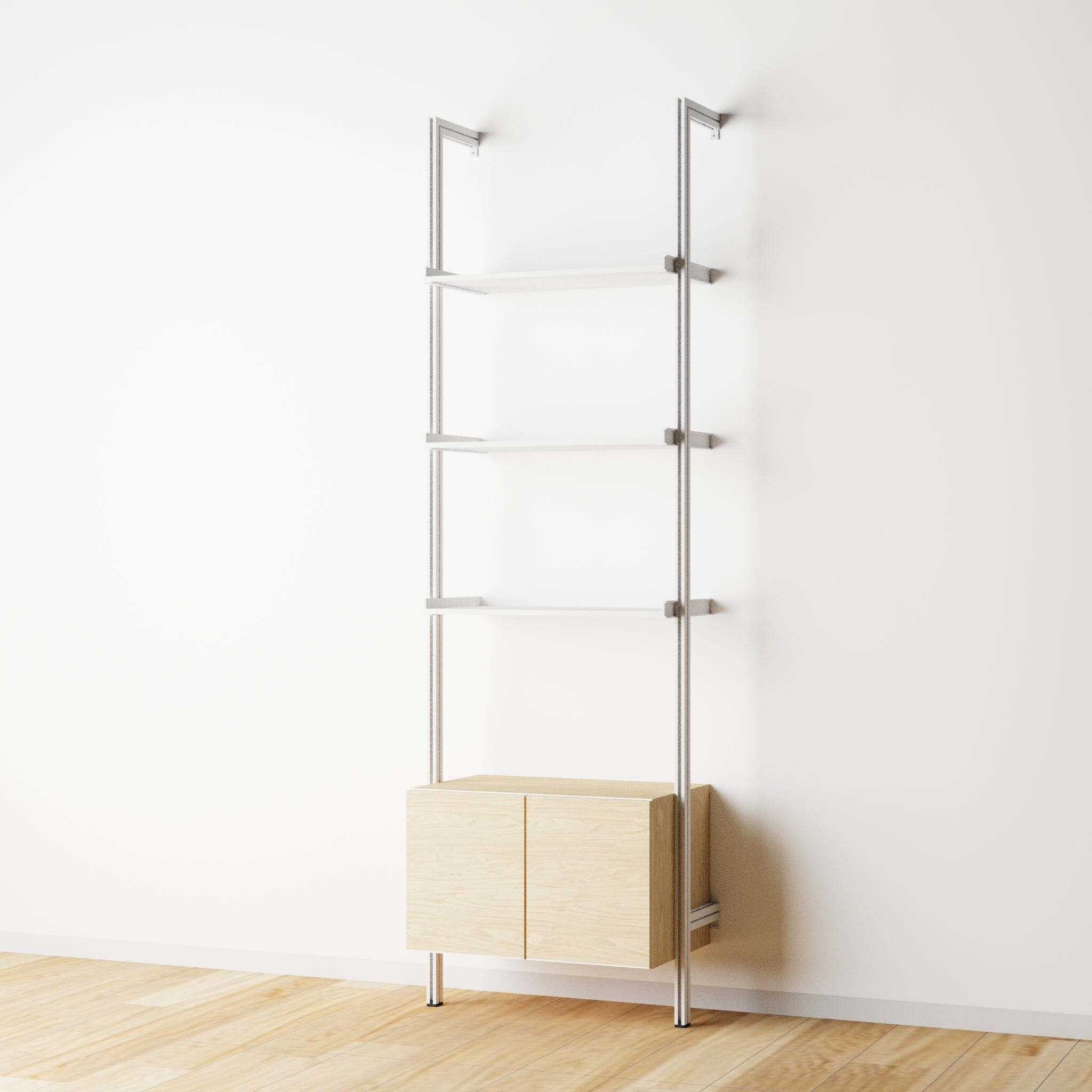 Modular Shelving Units - Aluminum Shelves + Wood Cabinets