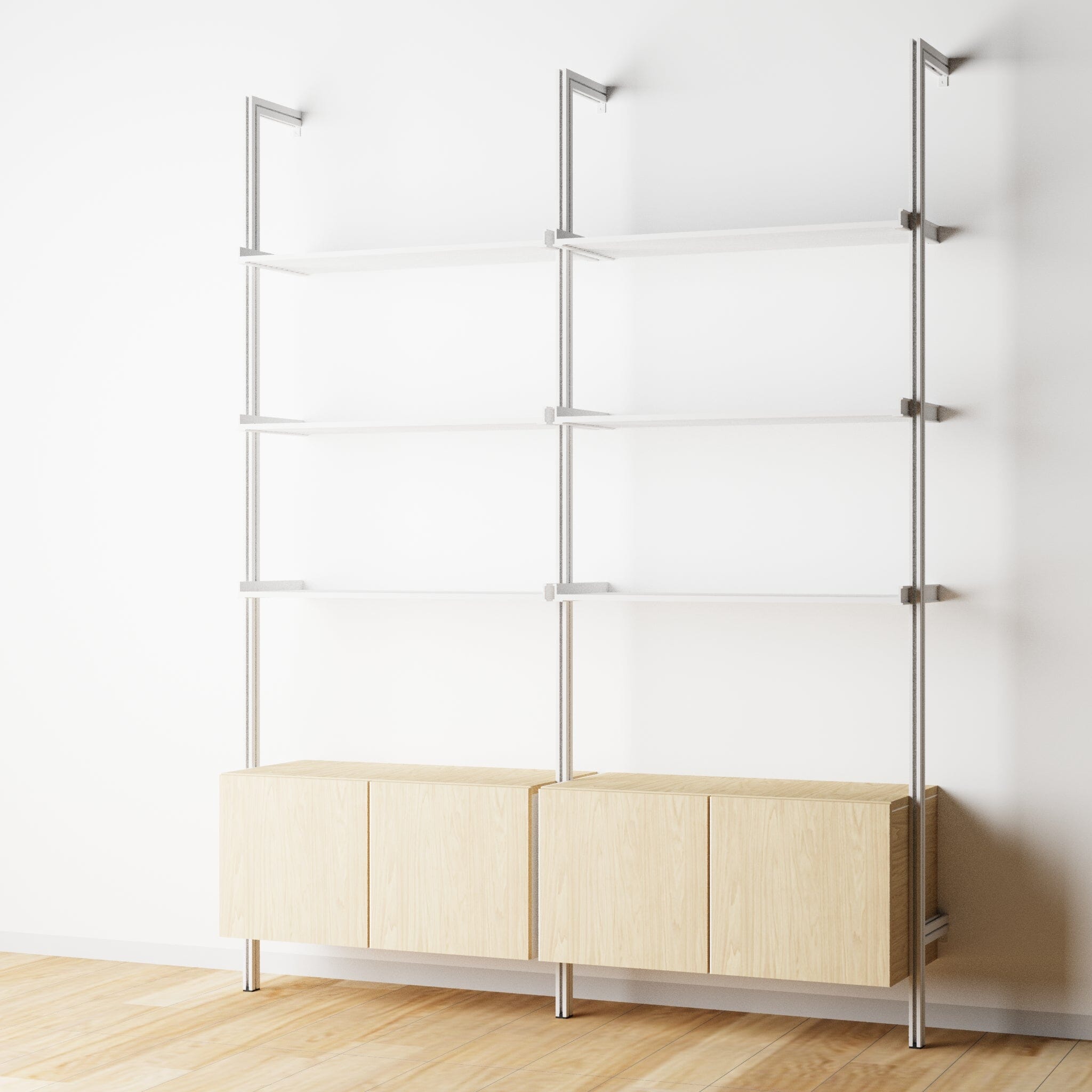 Modular Shelving Units - Aluminum Shelves + Wood Cabinets