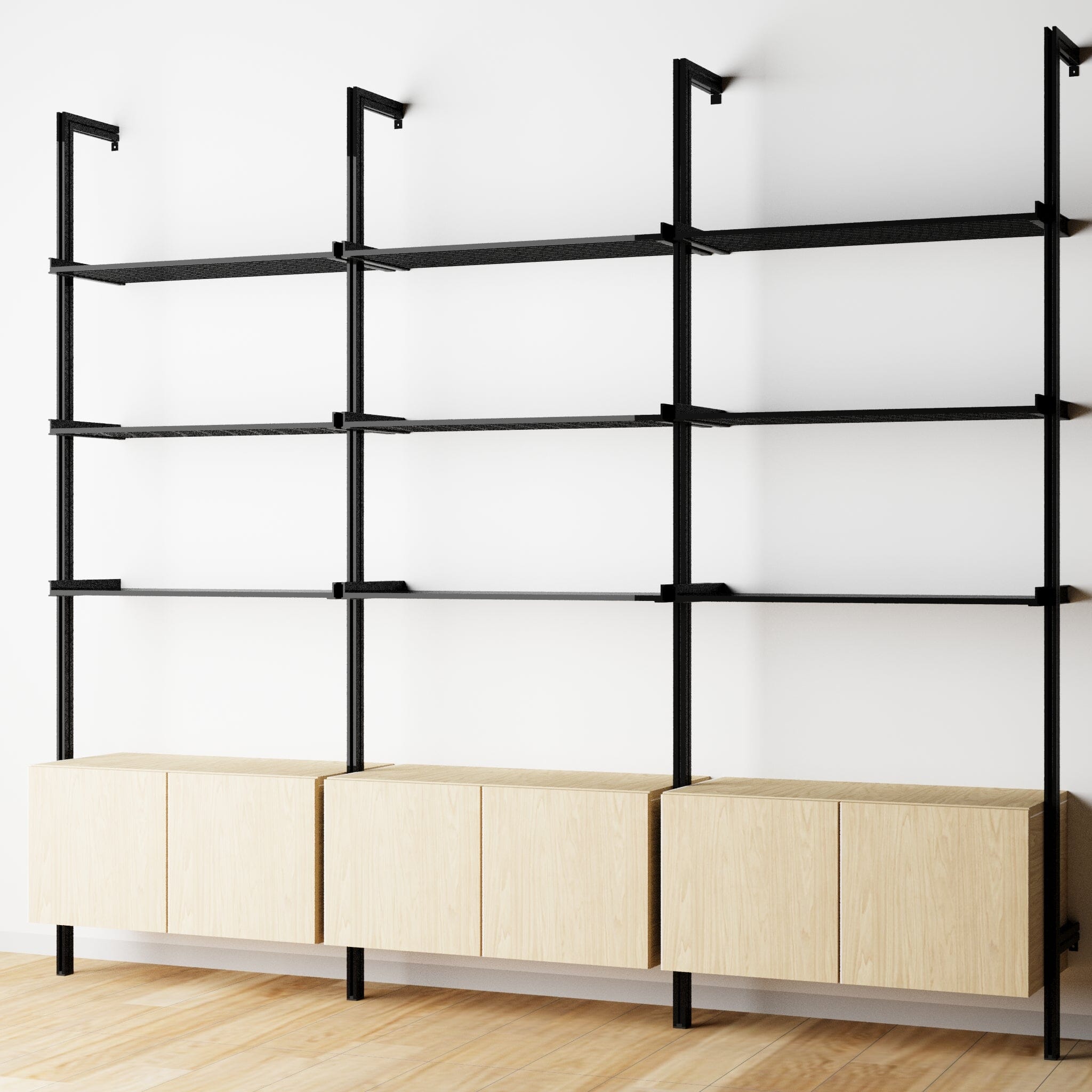 Modular Shelving Units - Aluminum Shelves + Wood Cabinets