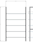 Technical drawing of a modular shelving unit, showing dimensions and shelf layout.