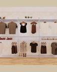 Three-bay retail display shelving unit with satin shelves and satin vertical posts, shown with open display shelves.