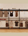 Three-bay retail display shelving unit with black shelves and black vertical posts, shown with open display shelves.