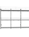 Technical drawing of a three-bay retail display shelving unit, showing overall dimensions and open shelf layout.