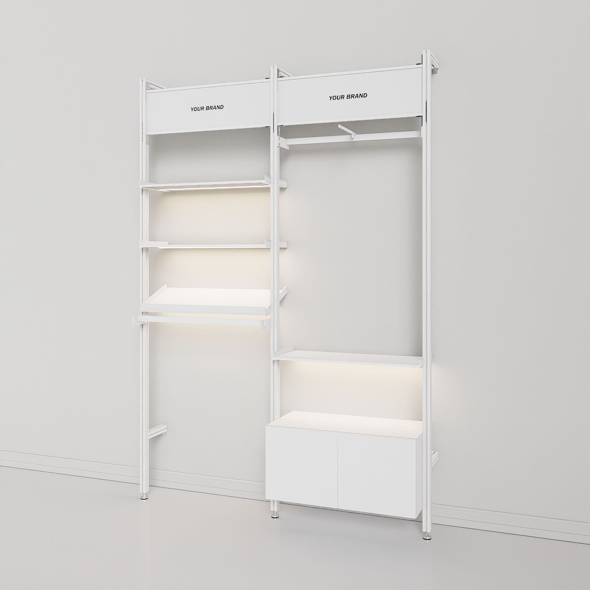 Retail Display Shelving with Signage and Storage - 2 Bay