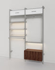 Retail display shelving unit with natural ash shelves and satin vertical posts, two bays.