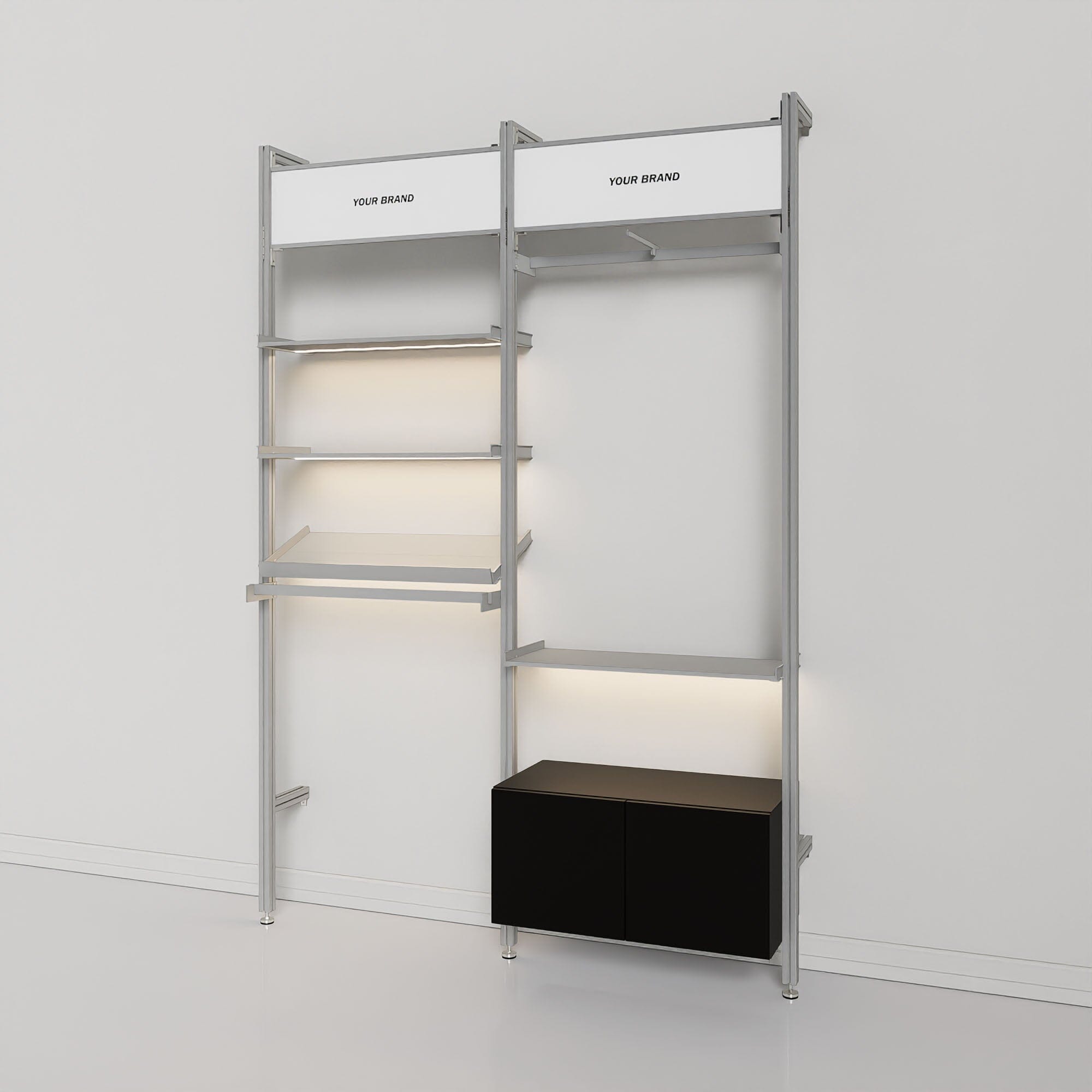 Retail Display Shelving with Signage and Storage - 2 Bay