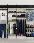Retail display shelving unit with satin shelves and satin vertical posts, four bays.