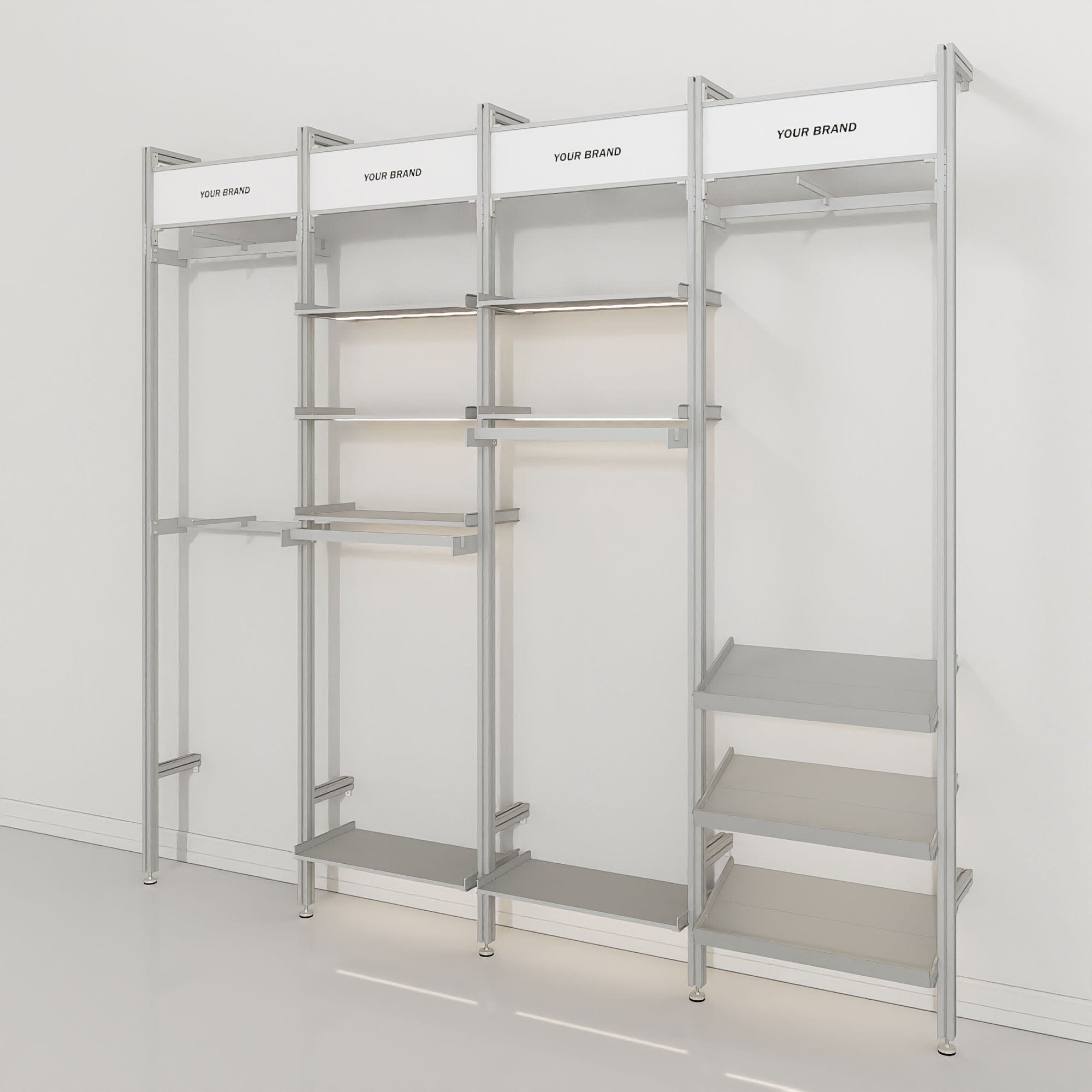 Retail Display Shelving with Signage + 4 Bays and Multiple Shelving Options