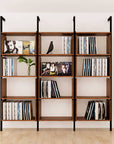 Modular vinyl storage shelving unit with wood-look shelves and black vertical posts, one bay, shown with open record storage shelf levels.