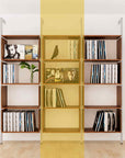 Modular vinyl storage shelving unit with wood-look shelves and satin vertical posts, one bay, shown with open record storage shelf levels.