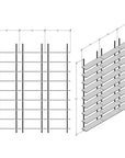 Technical drawing of a modular media shelving unit, showing dimensions, bay layout, and eight open shelf levels.
