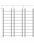 Technical drawing of a modular media shelving unit, showing dimensions, bay layout, and eight open shelf levels.