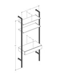 Technical drawing of a desk shelving unit with black shelves and black vertical posts, showing product dimensions and configuration details.