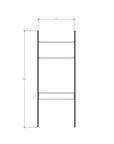 Technical drawing of a desk shelving unit with black shelves and white vertical posts, showing product dimensions and configuration details.