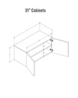 Technical drawing of a four-bay media center shelving unit, four bays, 31-inch shelf width, showing product dimensions and configuration details.