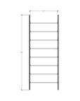 Technical drawing of a DVD media storage shelving unit with black shelves and satin vertical posts, two bays, 24-inch shelf width, showing product dimensions and configuration details.