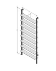 Technical drawing of a DVD media storage shelving unit with black shelves and black vertical posts, one bay, 31-inch shelf width, showing product dimensions and configuration details.