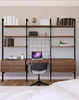 Desk shelving unit with white shelves and satin vertical posts, shown as a desk and shelf add-on.