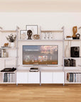LP vinyl media storage shelving unit with white shelves and satin vertical posts, shown with open record storage shelf levels.