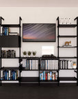 Four-bay media center shelving unit with black shelves and black vertical posts, four bays, shown with open shelf levels.