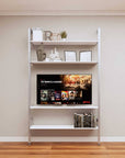 Modular media shelving unit with white shelves and satin vertical posts, one bay, shown with open shelf levels.