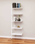 Modular media shelving extension with white shelves and white vertical post, one bay, 24-inch shelf width, shown with open shelf levels.